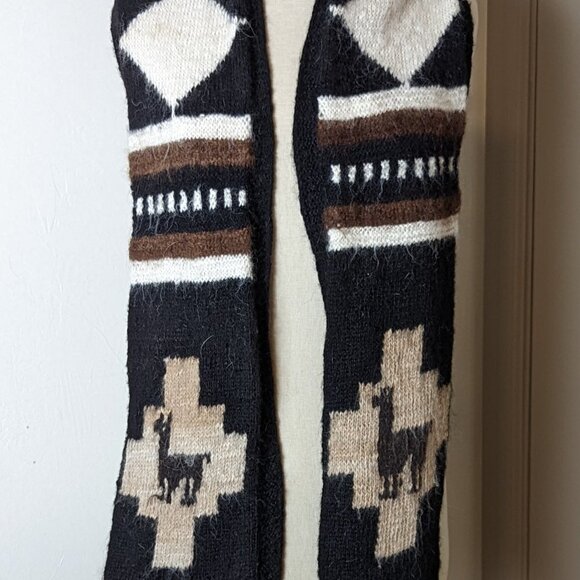 Vintage Alpaca Knit Wool Scarf Fringe Brown Black White Handmade Boho - Picture 4 of 6